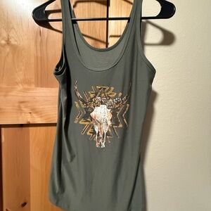 No Boundaries Olive Bull Skull Tank Top